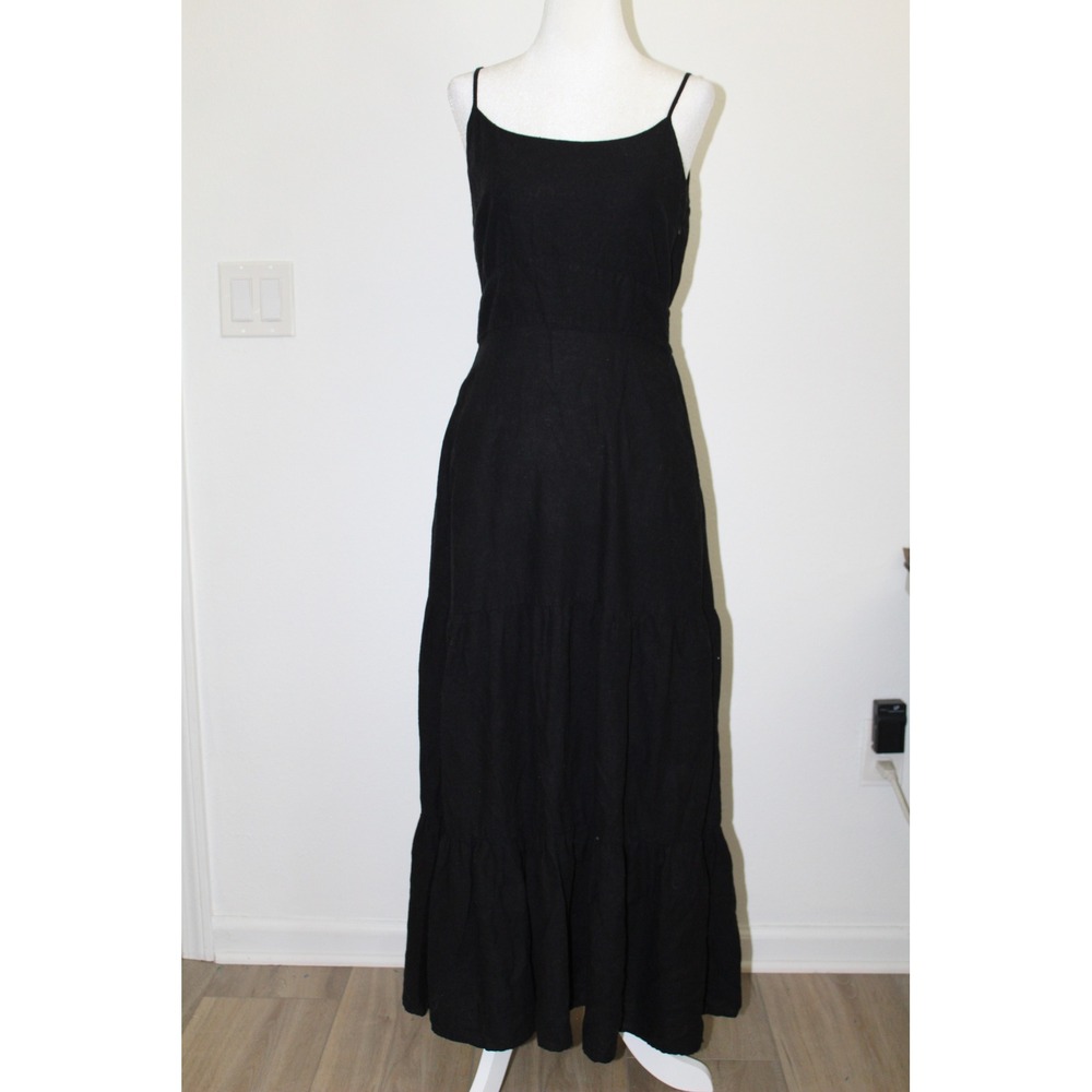 Joie Black Linen Blend Tiered Maxi Dress Womens Size 2 Pockets Smocked Back